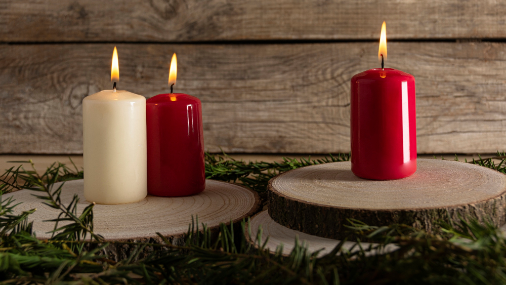 autumn candles wooden board
